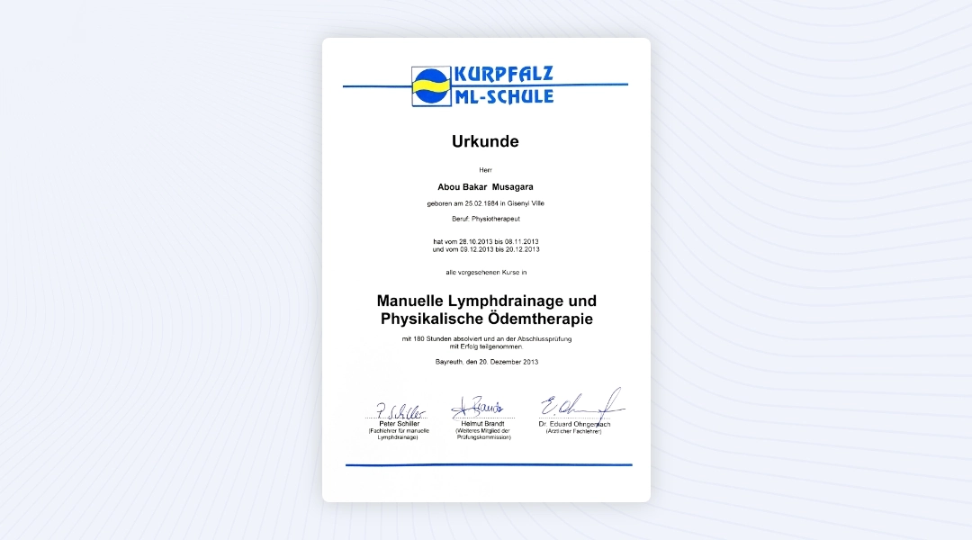 Zertifikat Manuelle Lymphdrainage und physikalische Ödemtherapie Urkunde
